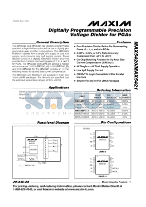 MAX5420BEUA datasheet - Digitally Programmable Precision Voltage Divider for PGAs