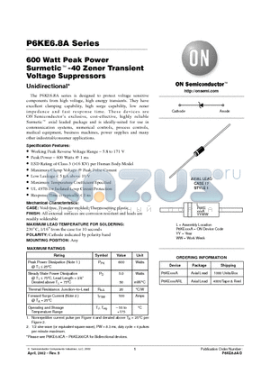 P6KE200A datasheet - 600 Watt Peak Power Surmetic-40 Zener Transient Voltage Suppressors