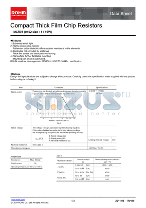 MCR01PZPIFF datasheet - Compact Thick Film Chip Resistors