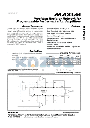 MAX5426 datasheet - Precision Resistor Network for Programmable Instrumentation Amplifiers