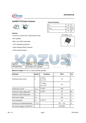 IPD70P04P4-09 datasheet - OptiMOS-P2 Power-Transistor