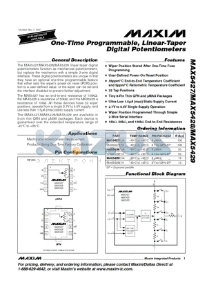 MAX5427EUA datasheet - One-Time Programmable, Linear-Taper Digital Potentiometers