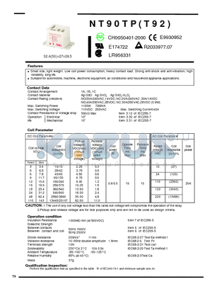 NT90TPHAEDC12VCF2.2 datasheet - Small size, light weight. Low coil power consumption, heavy contact load. Strong anti-shock and anti-vibration, high reliability, long life.