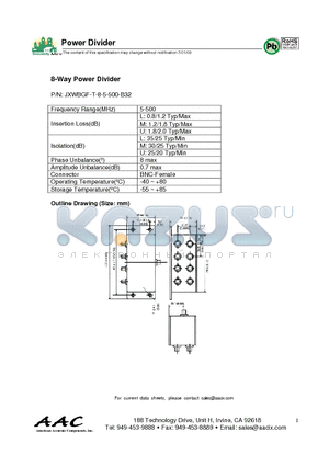 JXWBGF-T-8-5-500-B32 datasheet - 8-Way Power Divider