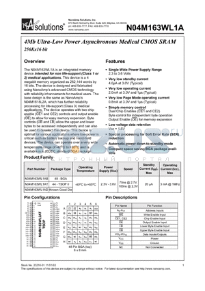 N04M163WL1A datasheet - 4Mb Ultra-Low Power Asynchronous Medical CMOS SRAM 256Kx16 bit