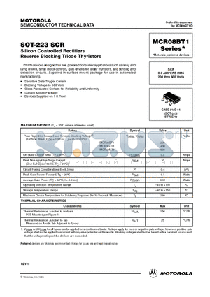 MCR08BT1 datasheet - SCR 0.8 AMPERE RMS 200 thru 600 Volts