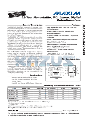 MAX5433LETA+ datasheet - 32-Tap, Nonvolatile, I2C, Linear, Digital Potentiometers