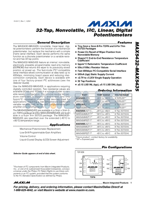 MAX5434MEZT datasheet - 32-Tap, Nonvolatile, I2C, Linear, Digital Potentiometers
