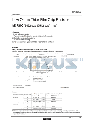 MCR100 datasheet - Low Ohmic Thick Film Chip Resistors