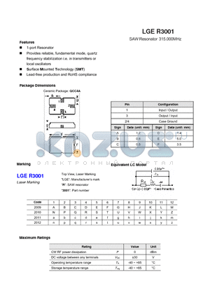 LGER3001 datasheet - SAW Resonator 315.000MHz