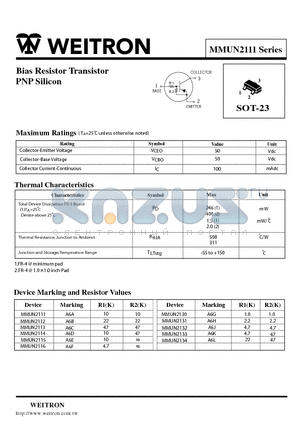 MMUN2112 datasheet - Bias Resistor Transistor PNP Silicon