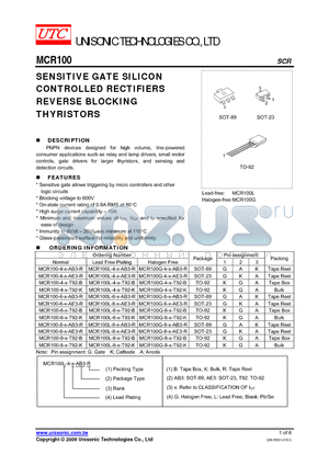 MCR100-4-X-AB3-R datasheet - SENSITIVE GATE SILICON CONTROLLED RECTIFIERS REVERSE BLOCKING THYRISTORS