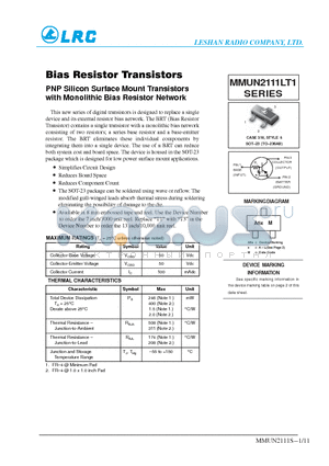 MMUN2112LT3 datasheet - Bias Resistor Transistors