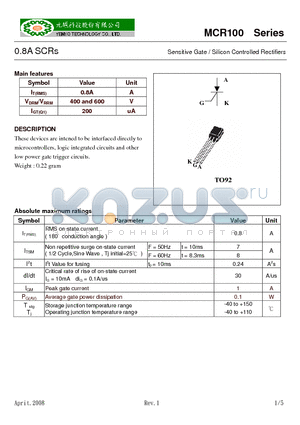 MCR100-6S datasheet - Sensitive Gate / Silicon Controlled Rectifiers