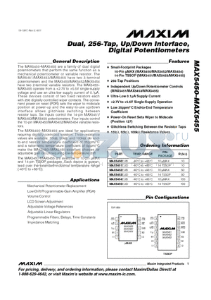 MAX5450 datasheet - Dual, 256-Tap, Up/Down Interface, Digital Potentiometers