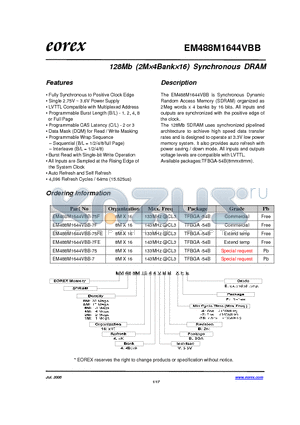 EM482M1644VBB-6FE datasheet - 128Mb (2M4Bank16) Synchronous DRAM