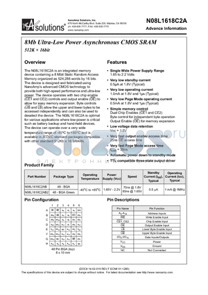 N08L1618C2A datasheet - 8Mb Ultra-Low Power Asynchronous CMOS SRAM 512K  16bit