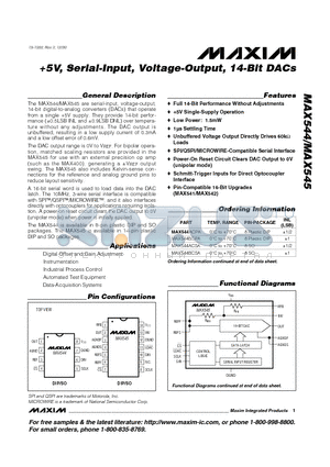 MAX544BEPA datasheet - 5V, Serial-Input, Voltage-Output, 14-Bit DACs