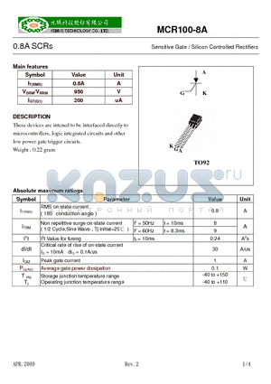 MCR100-8A datasheet - Sensitive Gate / Silicon Controlled Rectifiers