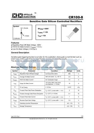 MCR100-8 datasheet - Sensitive Gate Silicon Controlled Rectifiers