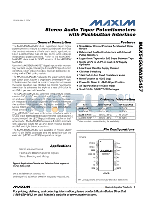 MAX5457ETE datasheet - Stereo Audio Taper Potentiometers with Pushbutton Interface