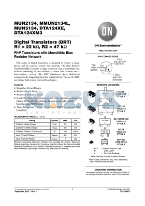 MMUN2134LT1G datasheet - Digital Transistors (BRT) R1 = 22 k, R2 = 47 k