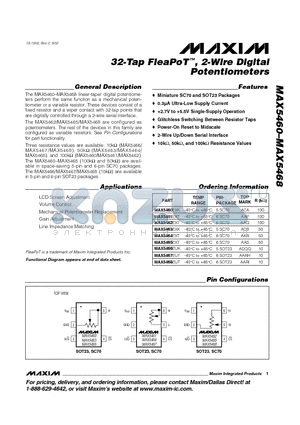 MAX5466EUK datasheet - 32-Tap FleaPoT, 2-Wire Digital Potentiometers