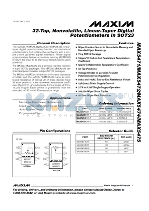 MAX5471EZT datasheet - 32-Tap, Nonvolatile, Linear-Taper Digital Potentiometers