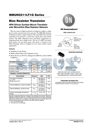 MMUN2211LT3G datasheet - Bias Resistor Transistor NPN Silicon Surface Mount Transistor