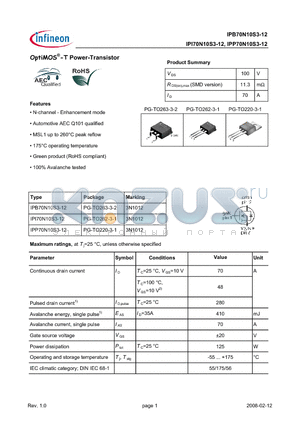 IPI70N10S3-12 datasheet - OptiMOS-T Power-Transistor