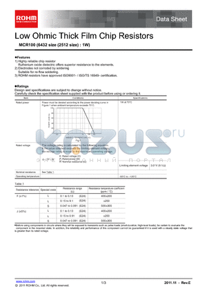 MCR100_11 datasheet - Low Ohmic Thick Film Chip Resistors