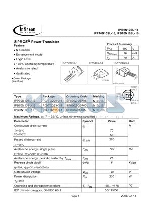 IPI70N10SL-16 datasheet - SIPMOS Power-Transistor