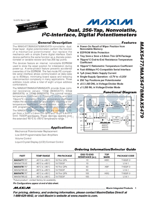 MAX5477ETE datasheet - Dual, 256-Tap, Nonvolatile, I2C-Interface, Digital Potentiometers