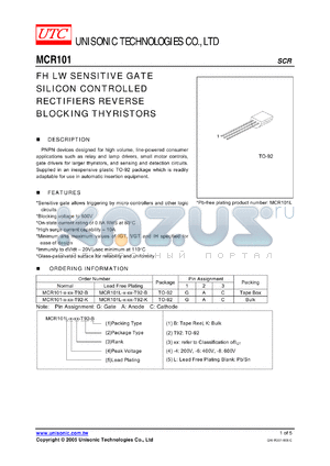 MCR101-4-AD-T92-B datasheet - FH LW SENSITIVE GATE SILICON CONTROLLED RECTIFIERS REVERSE BLOCKING THYRISTORS