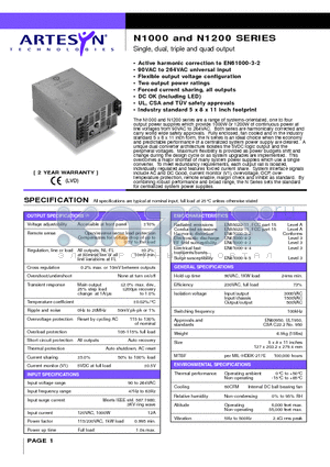 N1200-96-1122 datasheet - Single, dual, triple and quad output 1000 and 1200 Watt AC/DC high wattage power supplies with PFC