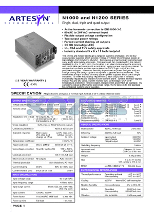 N1200-96-12 datasheet - Single, dual, triple and quad output 1000 and 1200 Watt AC/DC high wattage power supplies with PFC