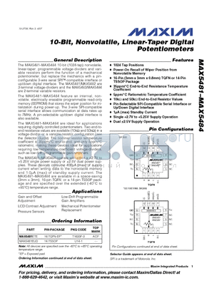 MAX5481 datasheet - 10-Bit, Nonvolatile, Linear-Taper Digital Potentiometers