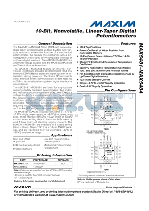 MAX5483ETE+ datasheet - 10-Bit, Nonvolatile, Linear-Taper Digital Potentiometers