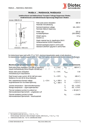 P6KE220 datasheet - Unidirectional and bidirectional Transient Voltage Suppressor Diodes