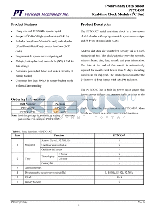 PT7C4307 datasheet - Real-time Clock Module (I2C Bus)