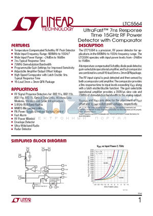 LTC5564 datasheet - UltraFast 7ns Response Time 15GHz RF Power Detector with Comparator