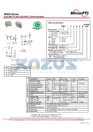 M3EH12XPA datasheet - 8 pin DIP, 3.3 Volt, ECL/PECL, Clock Oscillator