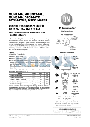 MMUN2240L datasheet - NPN Transistors with Monolithic Bias Resistor Network