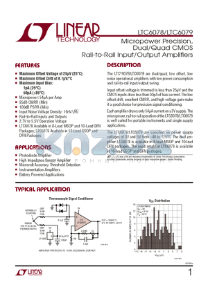 LTC6078 datasheet - Micropower Precision, Dual/Quad CMOS Rail-to-Rail Input/Output Amplifi ers