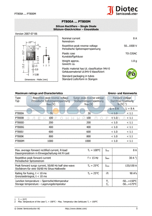 PT800A datasheet - Silicon Rectifiers - Single Diode Silizium-Gleichrichter - Einzeldiode