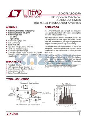 LTC6079 datasheet - Micropower Precision, Dual/Quad CMOS Rail-to-Rail Input/Output Amplifi ers