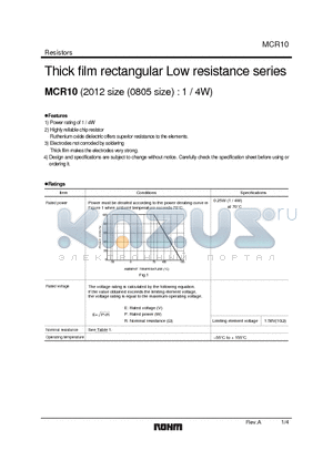 MCR10_2 datasheet - Thick film rectangular Low resistance series