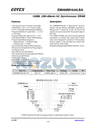 EM488M1644LBA-75FE datasheet - 128Mb (2M4Bank16) Synchronous DRAM