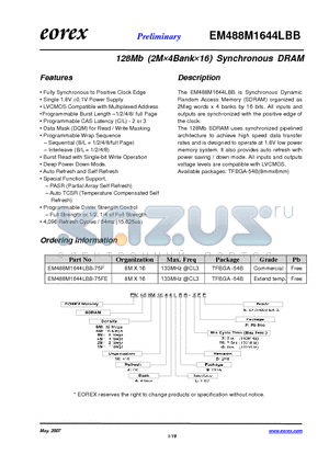 EM488M1644LBB-75F datasheet - 128Mb (2M4Bank16) Synchronous DRAM