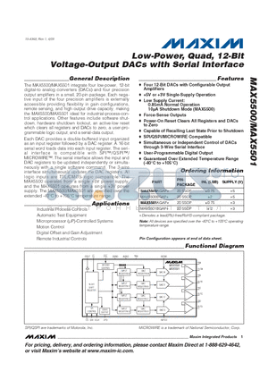MAX5500 datasheet - Low-Power, Quad, 12-Bit Voltage-Output DACs with Serial Interface